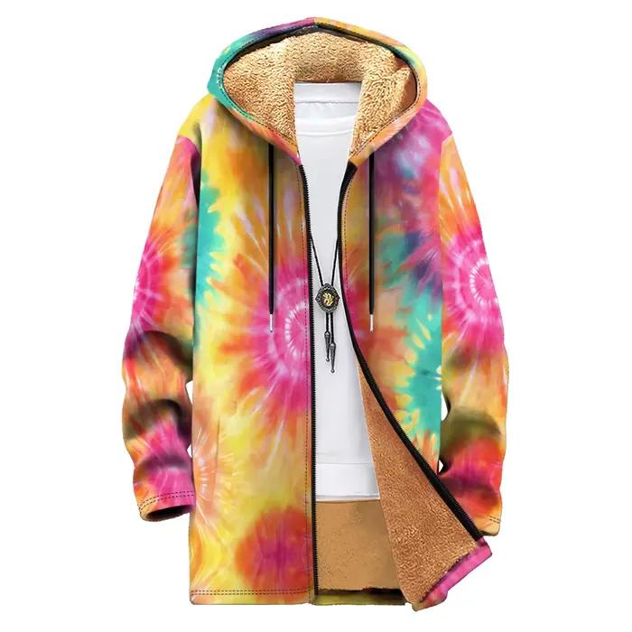 Veste à capuche colorée arc-en-ciel, confortable, unisexe, dégradé de teinture par nouage, imprimé tourbillon, manteaux doublés doux en peluche, Streetwear à la mode, hiver