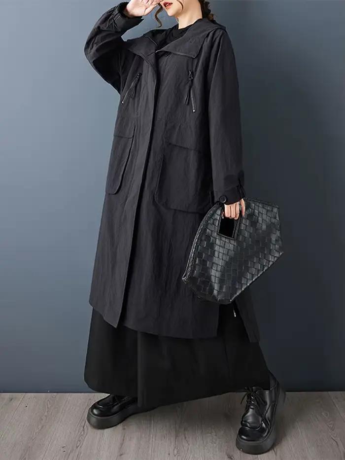 Manteau long oversize noir vintage à capuche zippé pour femme – Nouvelle collection décontractée et ample, vêtement d'extérieur tendance printemps-automne 2026