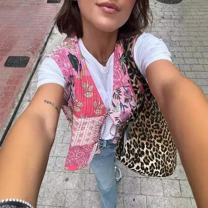 Gilet matelassé sans manches pour femme style ethnique floral patchwork lacage à la taille chic 2024 toutes saisons