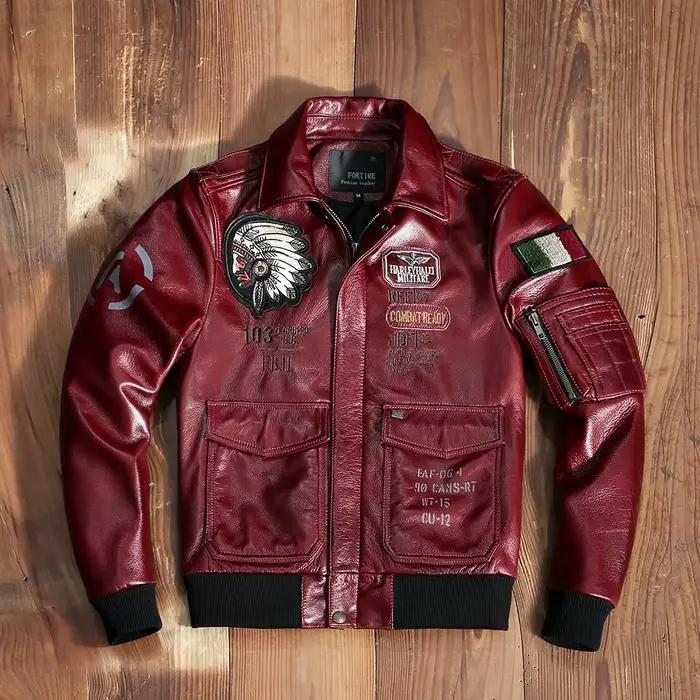 Vol A2 pilote indien cuir de vache moto vin rouge veste 100% peau