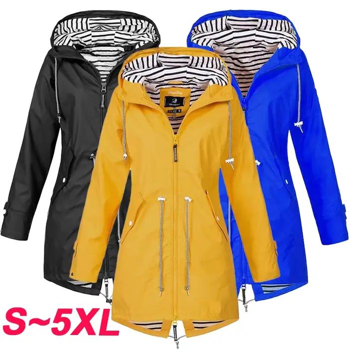 Trench-coat coupe-vent imperméable pour femme, manteau à manches longues, pantalon décontracté, imperméable à capuche avec fermeture éclair, S ~ 5XL, à la mode