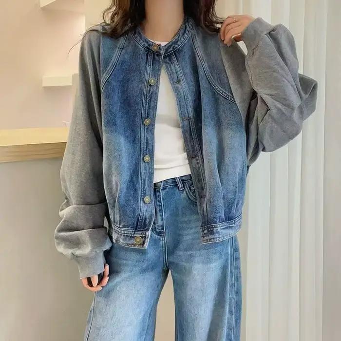 Faux deux-pièces assemblés Veste en jean pour femme, style européen, nouvelle collection printemps 2025, hauts amples et tendance pour femme