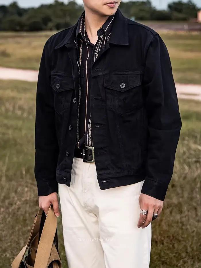 Veste de camionneur robuste en denim Tornado rouge pour hommes style vintage avec poches boutonnées et latérales adapté aux quatre saisons et aux voyages