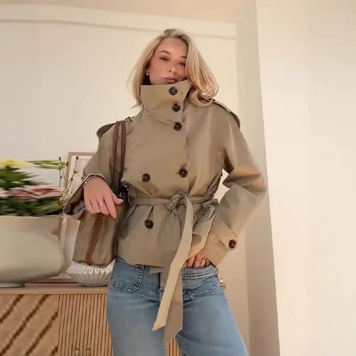 Trench-Coat de couleur unie pour femmes, col montant, Double boutonnage, cravate à la taille, élégant, décontracté, ample, confortable, tenue chaude, nouvelle collection