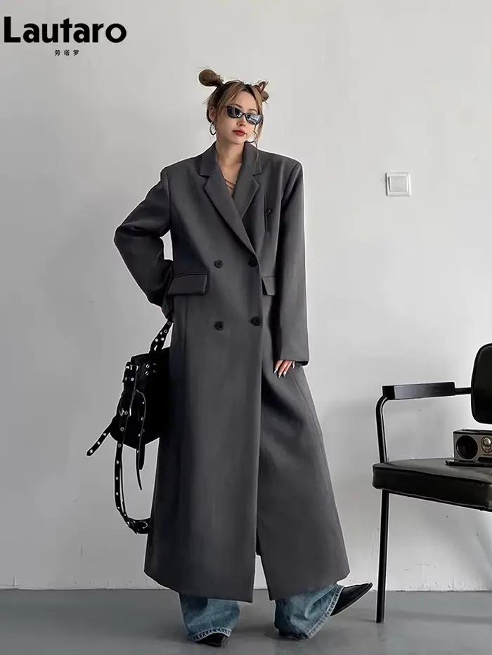 Lautaro-Manteau long gris noir pour femme, blazer croisé, mode coréenne décontractée, printemps, automne, 2023