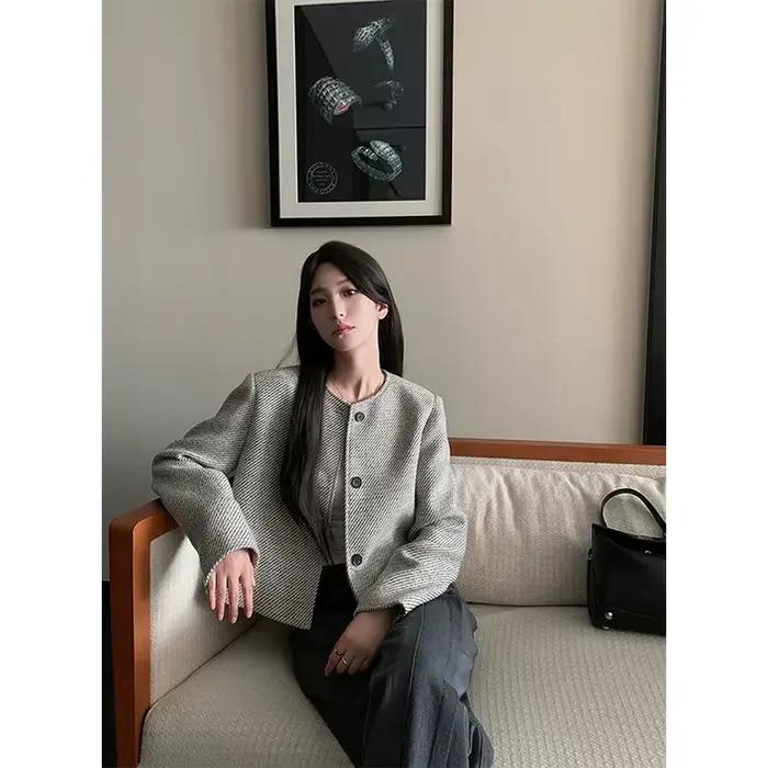 MEXZT élégant Tweed veste femmes Vintage recadrée manteaux coréen à manches longues vêtements d'extérieur courts automne bureau dames conception Blazer