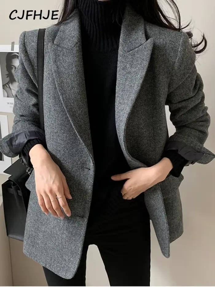 CJFHJE-Blazer en Laine Grise pour Femme, Veste Élégante à Simple Boutonnage, Poches, Tenue de Bureau, Col Cranté, Optique, Automne Hiver