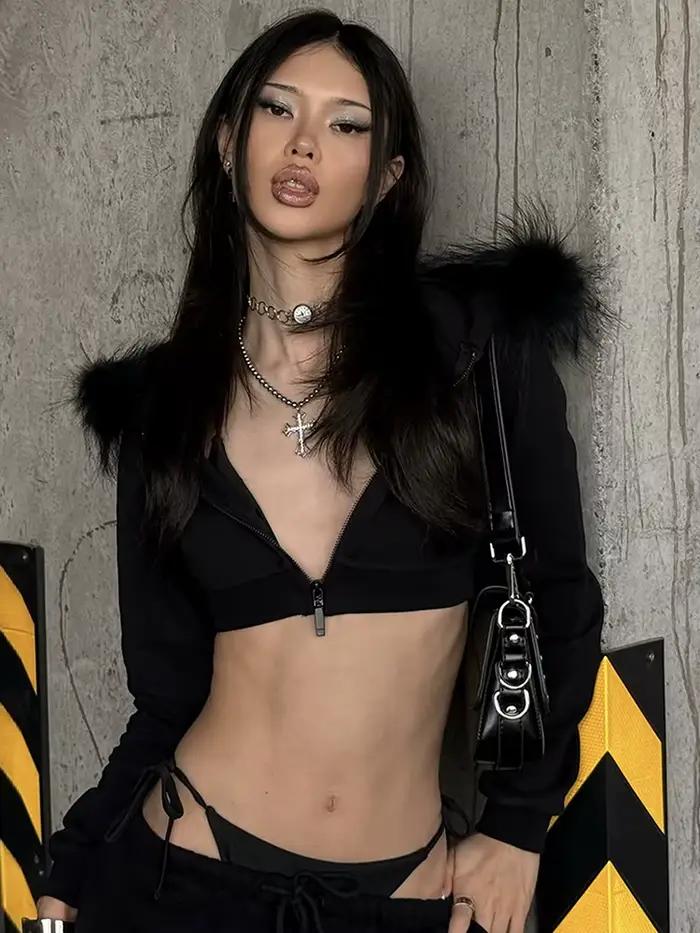 Kliou Furry Patchwork Manteaux Femme Zip Cardigan À Capuche À Manches Longues Veste Hottie High Street Style Hip-Hop Classique Vêtements
