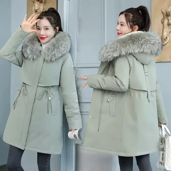 Nouvelle Veste d'Hiver Femme 2026 8XL Manteau Long Slim Parka Décontractée Grand Col Fourrure Doublure Laine Capuche