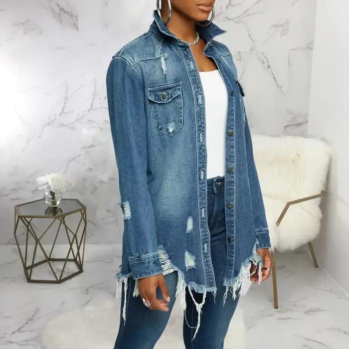 Veste en Jean Déchiré Vintage Chic et Décontractée pour Femmes Occasions Printemps Été 2024 Style Urbain Vestes Polyester