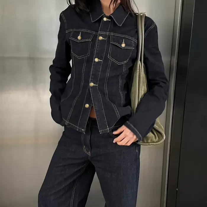 Femmes Y2K Denim hauts à manches longues col rabattu couleur unie boutonné doudoune avec poches pour décontracté quotidien Streetwear