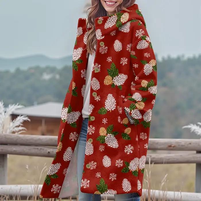 Trench-Coat à Capuche Rouge Festif avec Pomme de Pin et Flocon de Neige Vêtement d'Hiver en Polaire Imprimé Pour Noël Vêtements d'Extérieur Confortables Pour Les Vacances Hommes Chic Modern Casual Wear