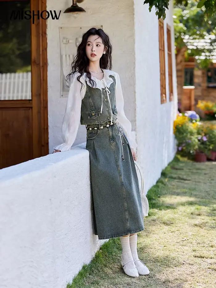 MISHOW Denim gilet manteau jupe Midi séparément pour les femmes printemps 2025 coréen rétro lavé coton