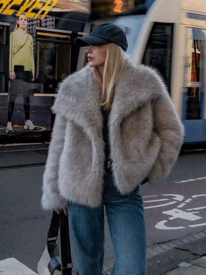 HH 2025 manteaux d'hiver pour femmes mode nouvelle fausse fourrure manches longues manteau ample femme polyvalent haute
