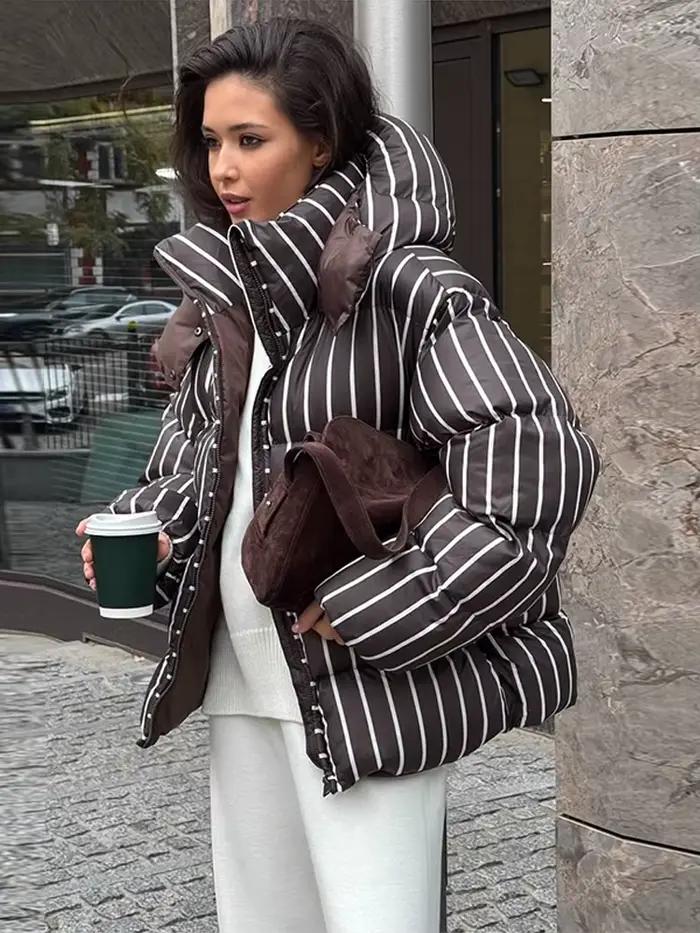 Vestes en coton à rayures Chic pour femmes, Vintage, à capuche, fermeture éclair, manches longues, rembourrées, manteaux d'hiver, vêtements d'extérieur, 2025