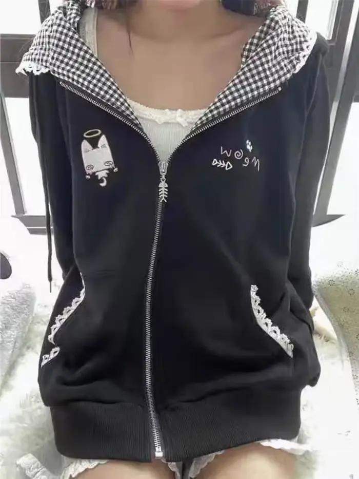Vestes à capuche à carreaux noirs pour femmes, manteau japonais mignon avec oreilles de chat, début d'automne, Y2k, ample, manches longues, fermeture éclair, 2025