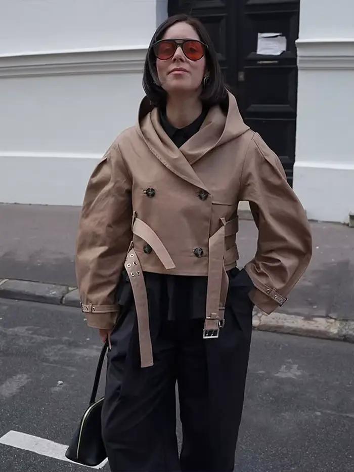 Veste courte à capuche avec Double ceinture pour femmes