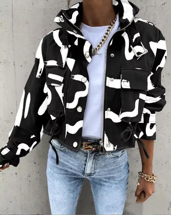 Femme veste vêtements Streetwear automne et hiver élégant mince col rond solide poche bouton conception à manches