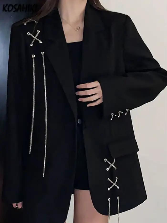 KOSAHIKI Harajuku femmes vestes noir gothique Punk Hip Hop solide Vintage Blazer manteaux Chic chaîne veste ample Streetwear