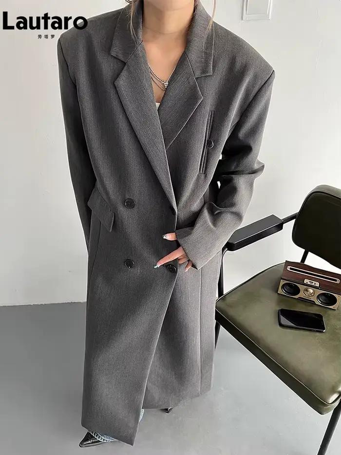 Lautaro-Manteau long gris noir pour femme, blazer croisé, mode coréenne décontractée, printemps, automne, 2023