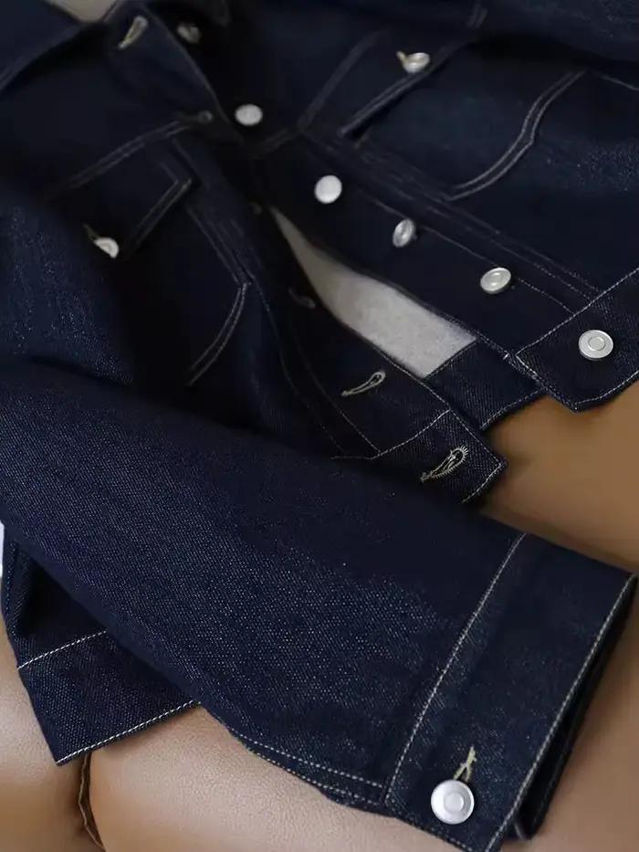 Veste en jean rétro bleu foncé pour femme, design printemps-automne, coupe ample décontractée, manteau court en jean à simple boutonnage