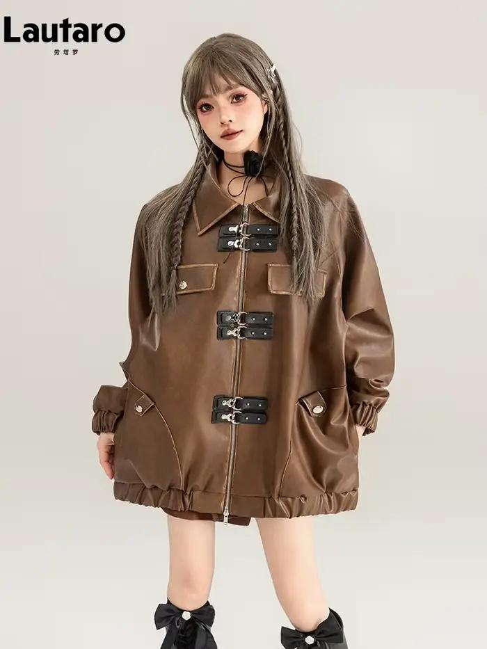 Veste en simili cuir PU marron pour femme, design vintage et luxueux, style épaule tombante, manches longues, fermeture éclair, confortable pour toutes les saisons, occasions spéciales et mode