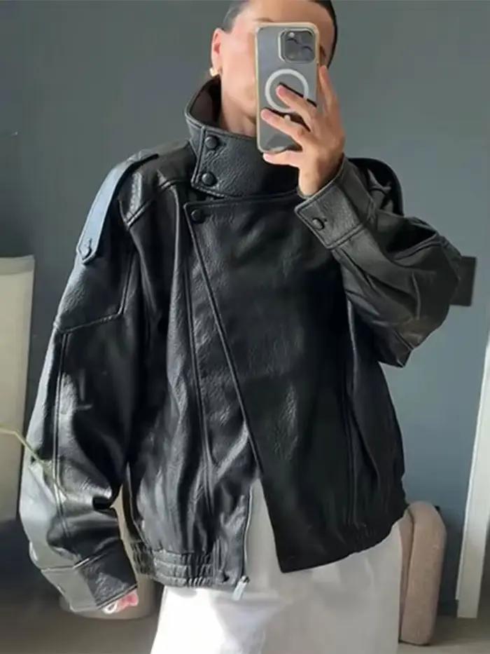 HH automne veste en simili cuir pour femmes décontracté solide fermeture éclair manches longues