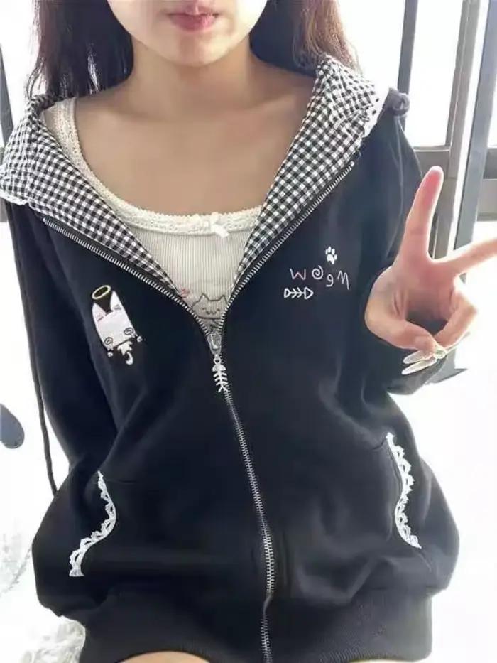 Vestes à capuche à carreaux noirs pour femmes, manteau japonais mignon avec oreilles de chat, début d'automne, Y2k, ample, manches longues, fermeture éclair, 2025
