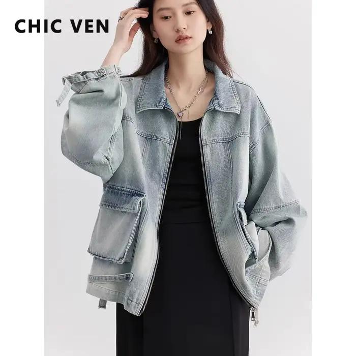 Veste en jean décontractée CHIC VEN pour femme, coton bleu, ample et élégante, vestes d'extérieur, printemps automne 2024
