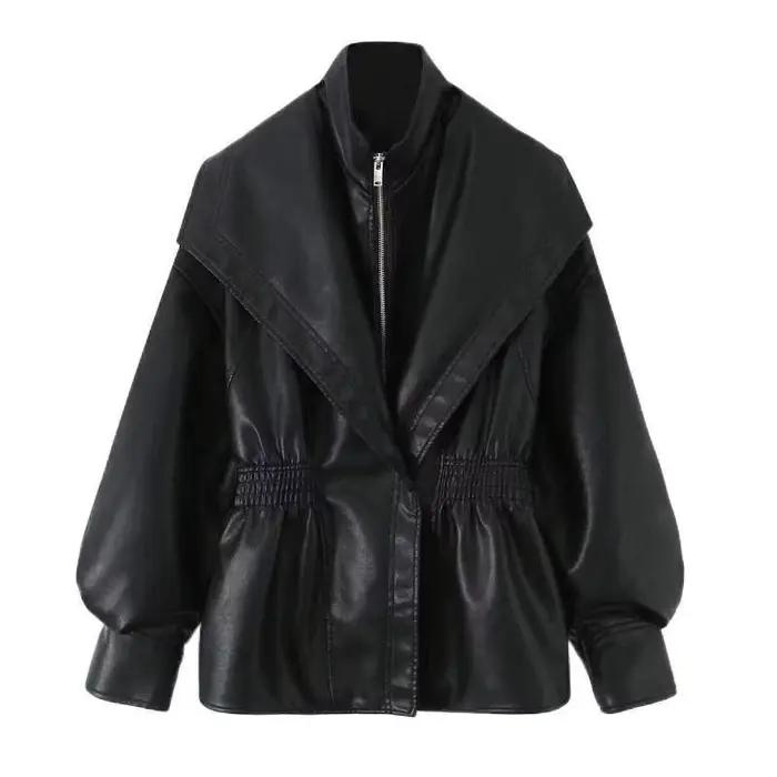 Veste en similicuir printemps-été 2026 pour femme, col rabattu tendance, manches lanternes polyvalentes occassions spéciales automne hiver