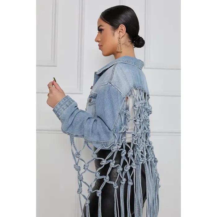 Veste en jean à pampilles à grille arrière en Y pour femmes, veste à manches longues, manteau en jean chic, pardessus à simple boutonnage, coupe couvertes
