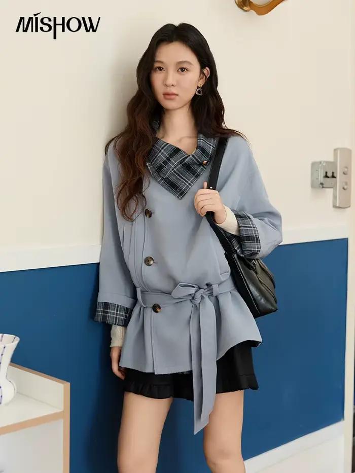 MISHOW Double face vêtements d'extérieur Trench pour femmes automne hiver 2025 bleu Plaid Patchwork diagonale patte