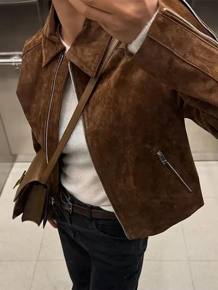 Vestes courtes en daim rétro pour femmes, manteaux décontractés à revers, manches longues, fermeture éclair, nouvelle collection printemps 2025, solide, vêtements d'extérieur pour dames