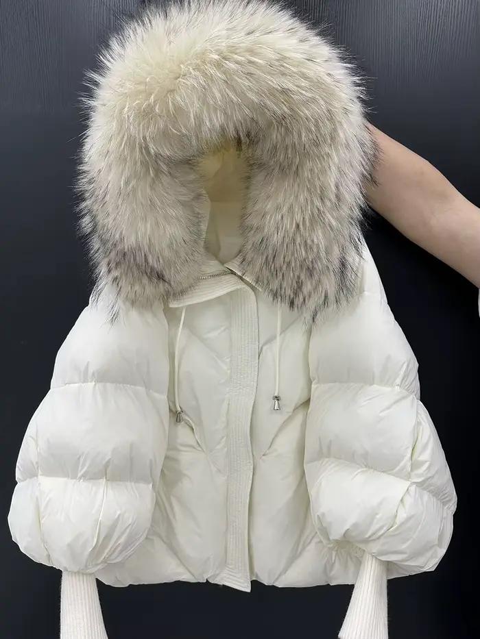 Hiver à capuche naturel grand col de fourrure doudoune femmes court blanc canard vers le bas vêtements d'extérieur femme lanterne manches chaud matelassé veste