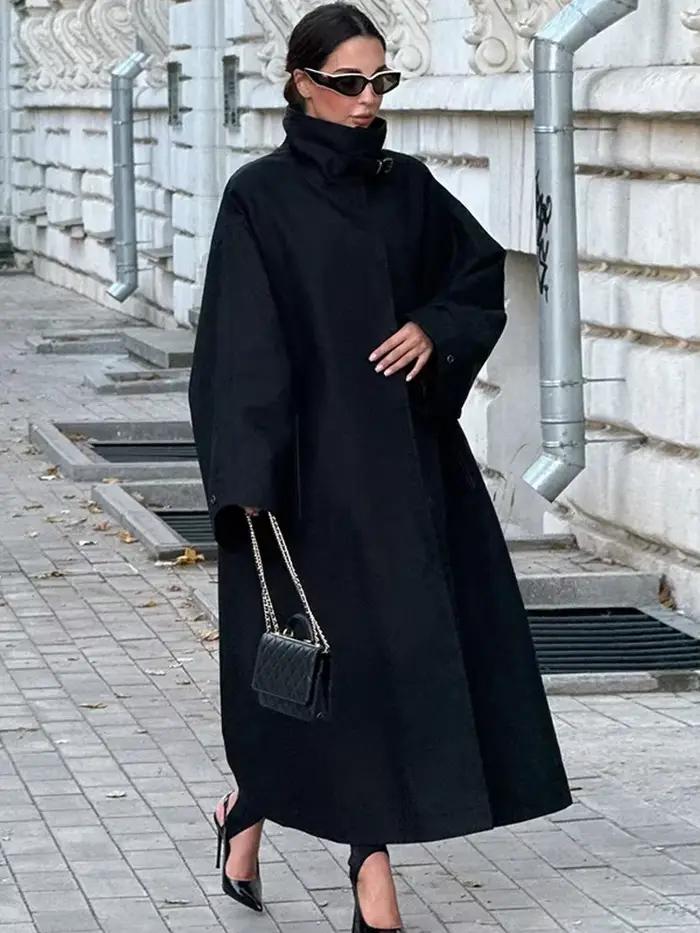 Trench-Coat noir à col montant pour femme, coupe-vent ample à manches longues, simple boutonnage, à la mode, vêtements d'extérieur de rue, automne 2025