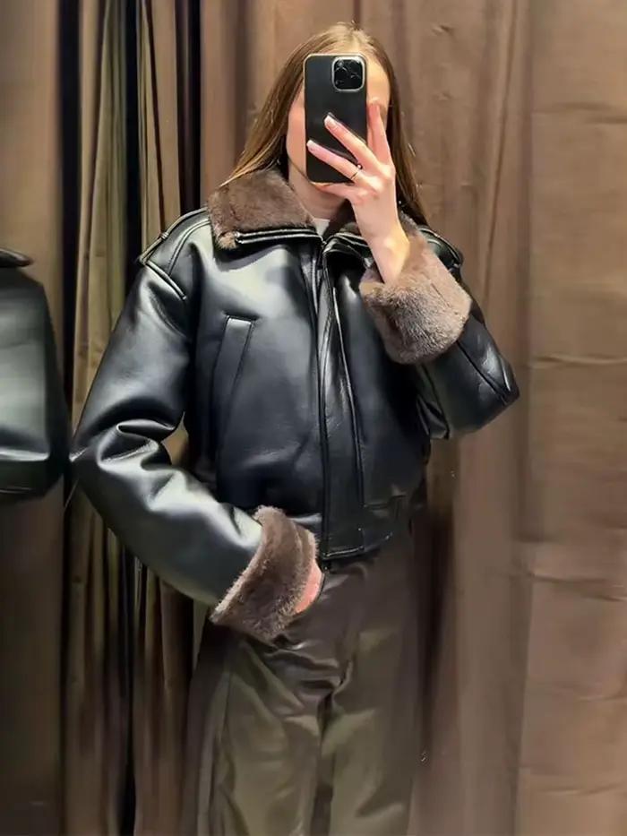 Manteaux pour femmes, veste en cuir patchwork en fausse fourrure