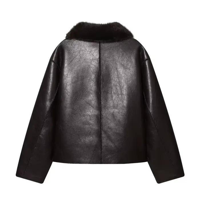 Veste femme 2025 automne/hiver nouveautés marron foncé à manches longues en simili cuir
