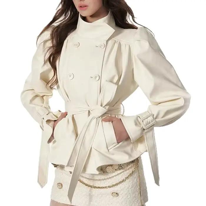 Trench-Coat à col montant pour femme, couleur unie, cuir défini à la taille, Double boutonnage, Style haut de gamme, nouvelle Collection automne 2025