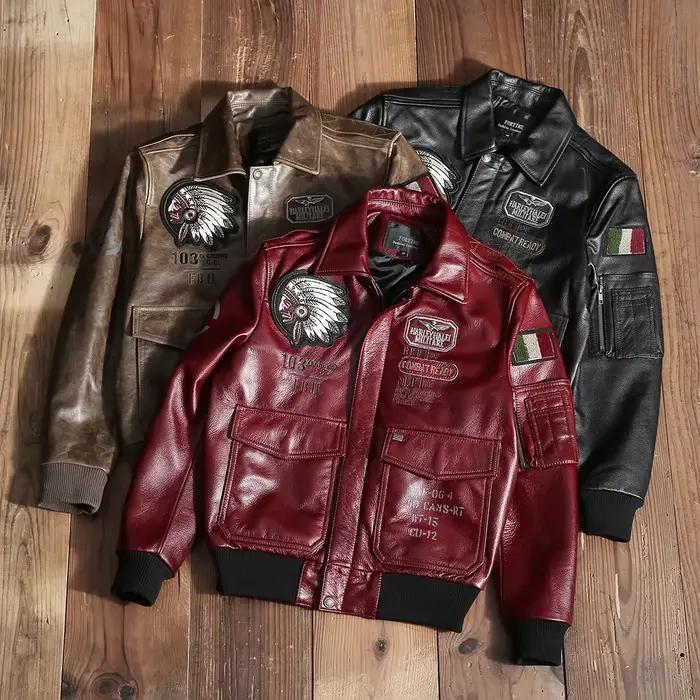 Vol A2 pilote indien cuir de vache moto vin rouge veste 100% peau