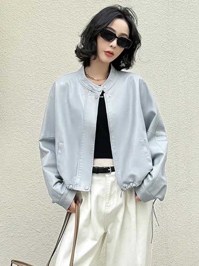 Femmes bleu Biker Pu vestes rétro Streetwear à manches longues Moto manteaux courts décontracté col rond coréen automne hiver poches vêtements d'extérieur nouveau