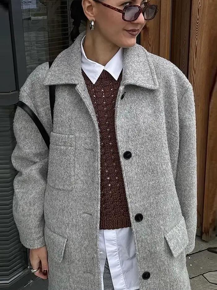 Manteau en Tweed à revers élégant pour femme