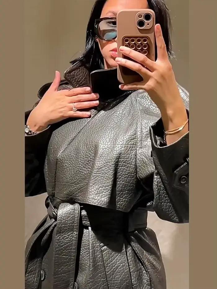 Manteau Long en cuir à lacets pour femme