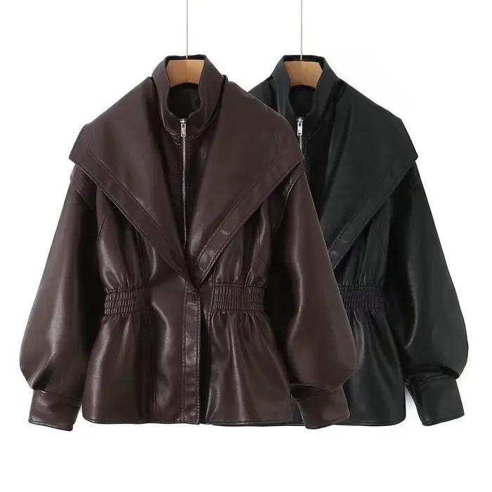 Veste en similicuir printemps-été 2026 pour femme, col rabattu tendance, manches lanternes polyvalentes occassions spéciales automne hiver