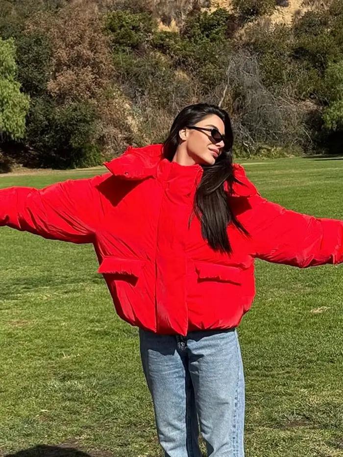 Chic bouffant à capuche rembourré manteau femmes élégant rétro rose poches zippées court vers le bas coton manteaux femme 2025 hiver rue vêtements d'extérieur