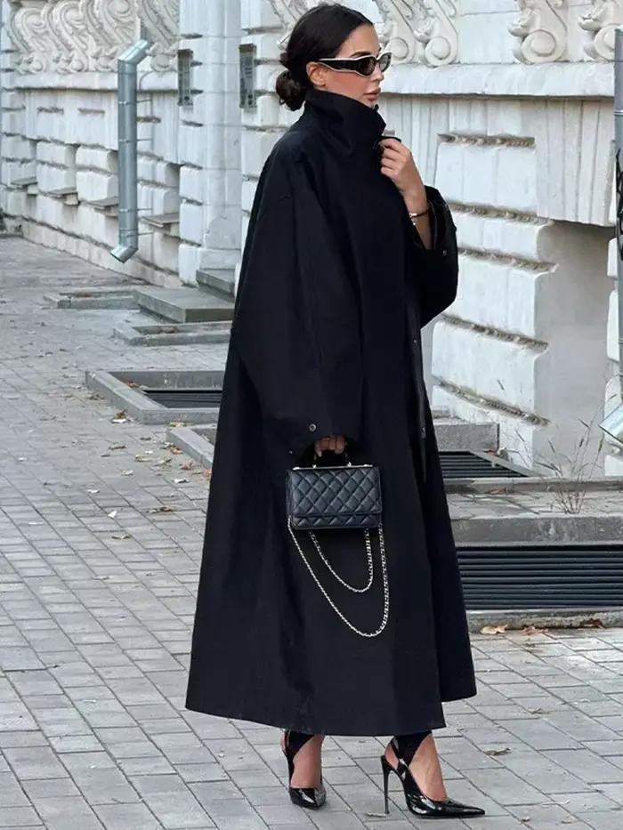 Trench-Coat noir à col montant pour femme, coupe-vent ample à manches longues, simple boutonnage, à la mode, vêtements d'extérieur de rue, automne 2025