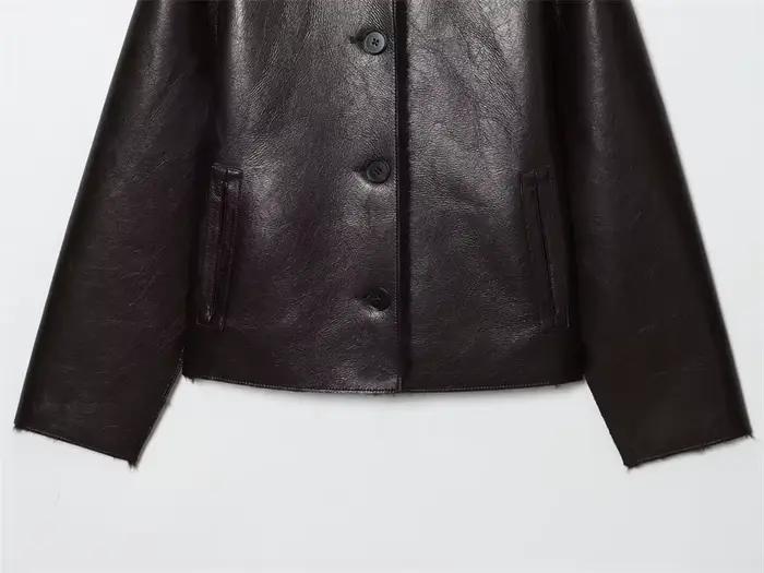 Veste femme 2025 automne/hiver nouveautés marron foncé à manches longues en simili cuir