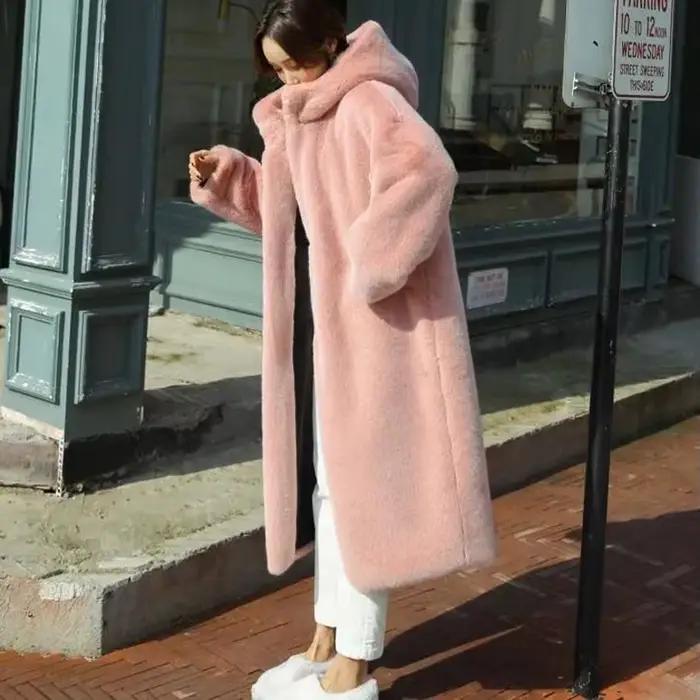 Manteau d'Hiver en Fausse Fourrure pour Femme, à Capuche, Long, Chaud, en Peluche, Grande Taille, 2021