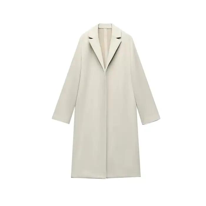 2025 femmes manteau en laine mode solide point ouvert longs Trench manteaux Vintage col en v manches longues femme Chic dame tenues