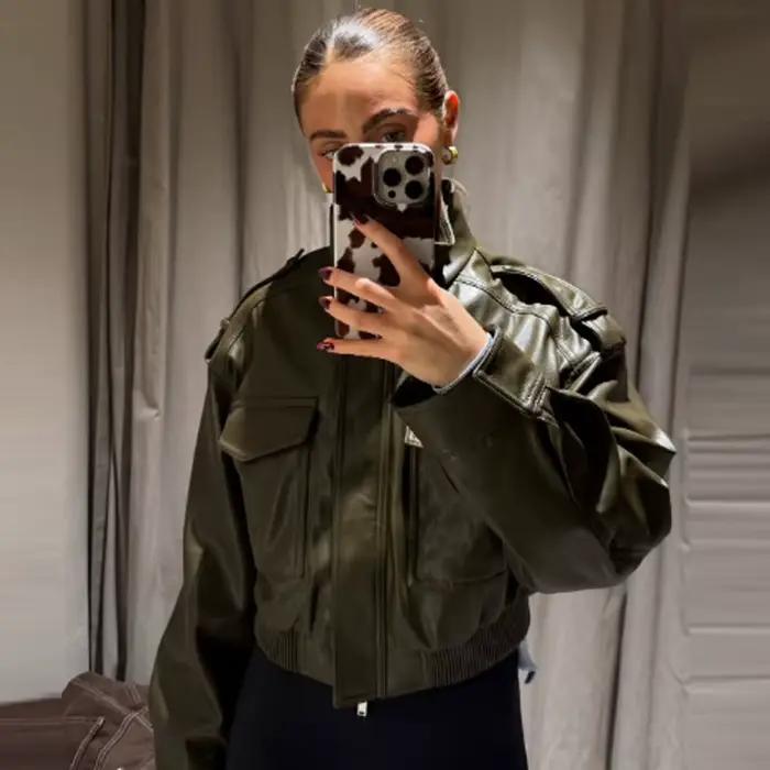 HXAO Veste courte en cuir Vestes bombardier pour femmes Vert Noir vêtements d'extérieur Manteau à manches longues Vestes d'aviateur Veste de motard à glissière