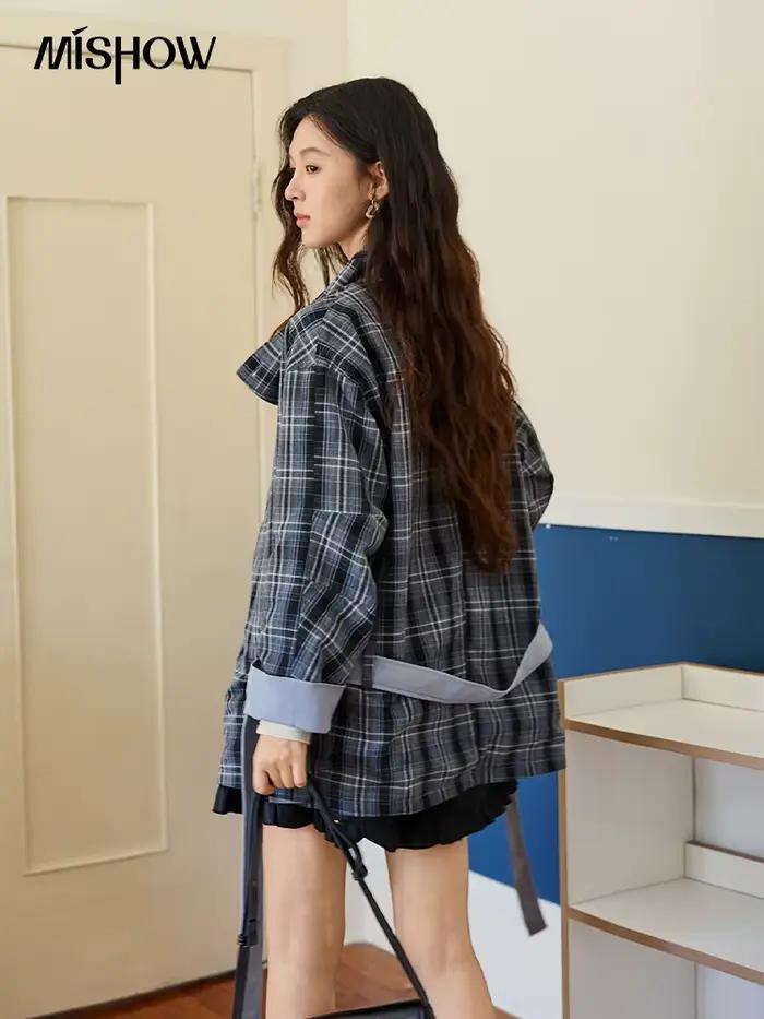 MISHOW Double face vêtements d'extérieur Trench pour femmes automne hiver 2025 bleu Plaid Patchwork diagonale patte